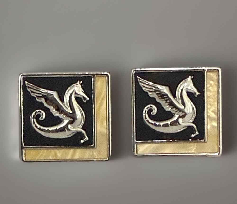 Vtg Swank Silver Toned Cufflinks Dragon Mythological Black Enamel Mother Pearl